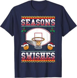 Basketball Seasons Swishes Ugly Christmas Pattern Sports T-Shirt - T-Shirt | Navy