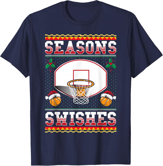 Basketball Seasons Swishes Ugly Christmas Pattern Sports T-Shirt - T-Shirt | Navy