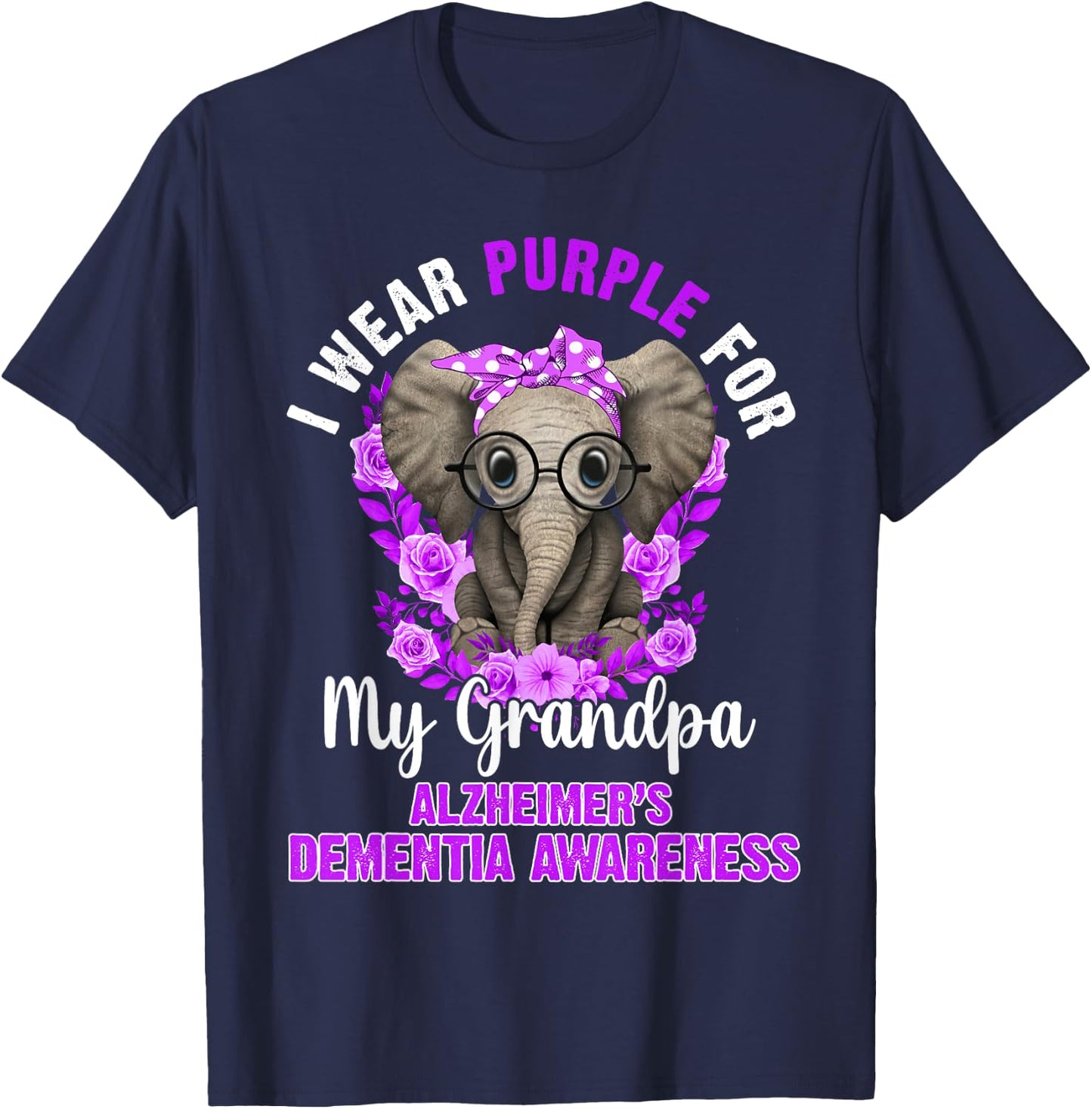 I Wear Purple For Grandpa Dementia Awareness Elephant T-Shirt - T-Shirt | Navy