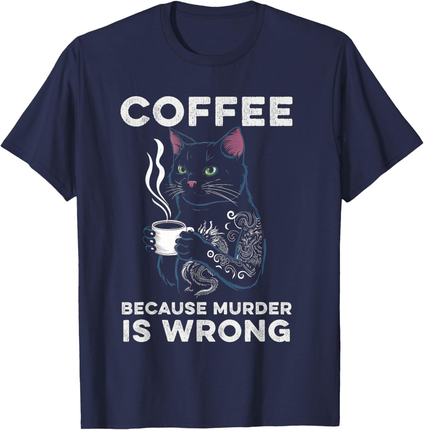 Black Cat Drinking Coffee Because Murder Is Wrong Retro Women T-Shirt - T-Shirt | Navy