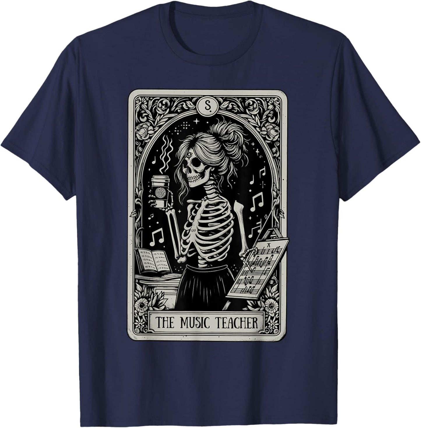 Funny Skeleton Music Teacher Tarot Card Halloween Musician T-Shirt - T-Shirt | Navy