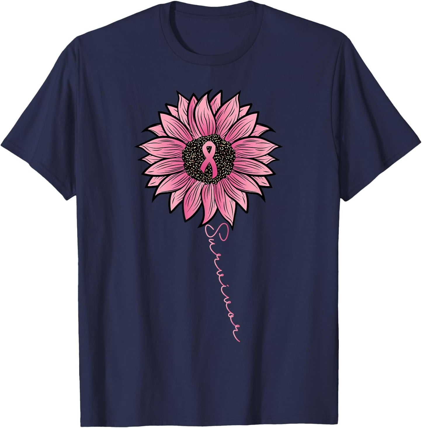 Sunflower Pink Ribbon Breast Cancer Survivor Awareness Women T-Shirt - T-Shirt | Navy