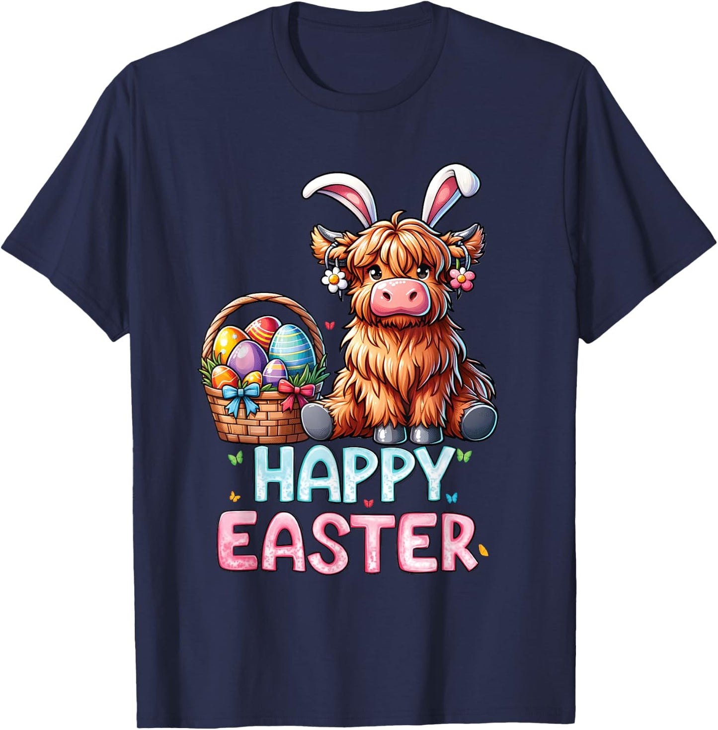 Happy Easter Day Highland Cow Cute Easter Bunny Women Kids T-Shirt - T-Shirt | Navy