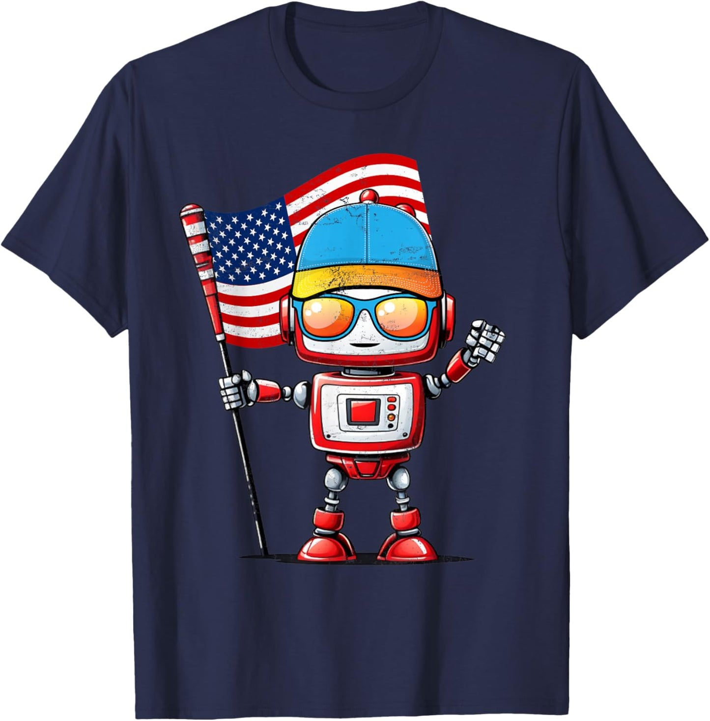 Funny Robot 4th Of July American USA Flag Robotics Kids Boys T-Shirt - T-Shirt | Navy