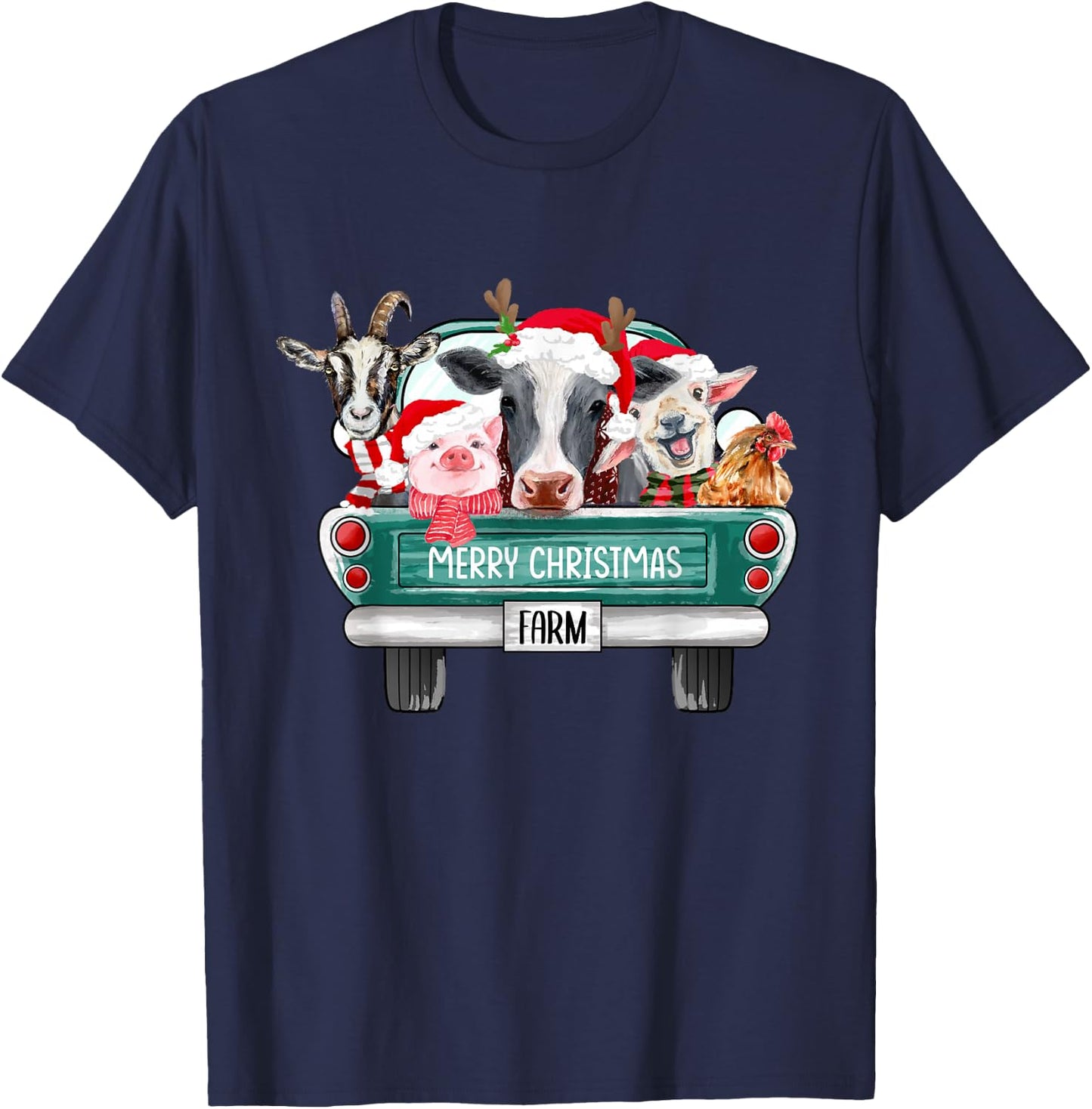 Christmas Farm Animals Truck Santa Hat Family Pajamas Xmas T-Shirt - T-Shirt | Navy