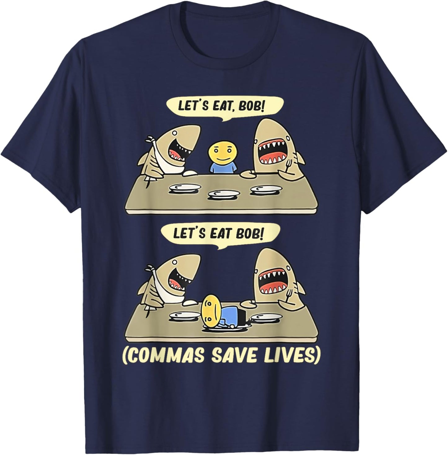 Shark Lets Eat Funny English Grammar Commas Punctuation T-Shirt - T-Shirt | Navy
