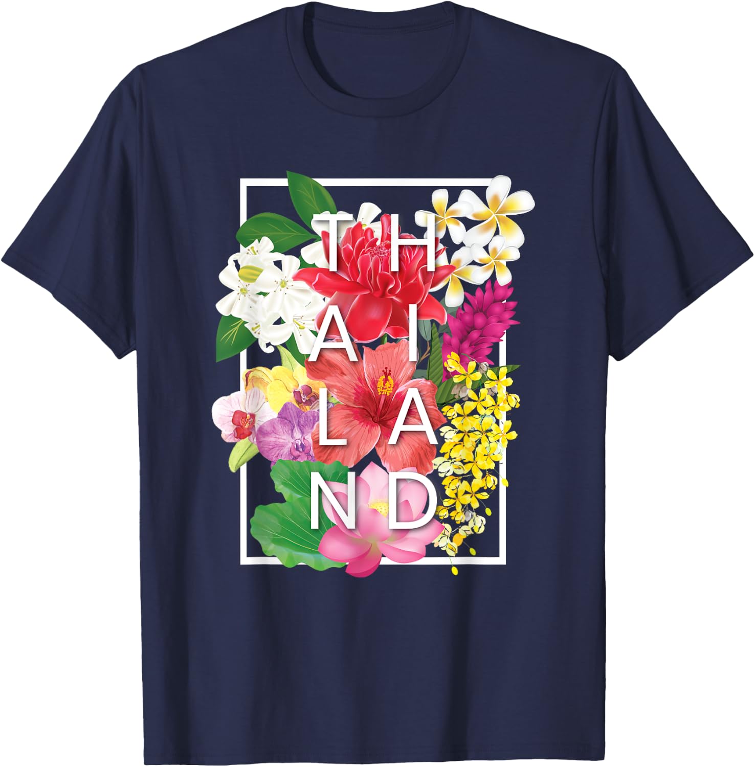 Flowers of Thailand Word Art - Thai Pride T-Shirt - T-Shirt | Navy