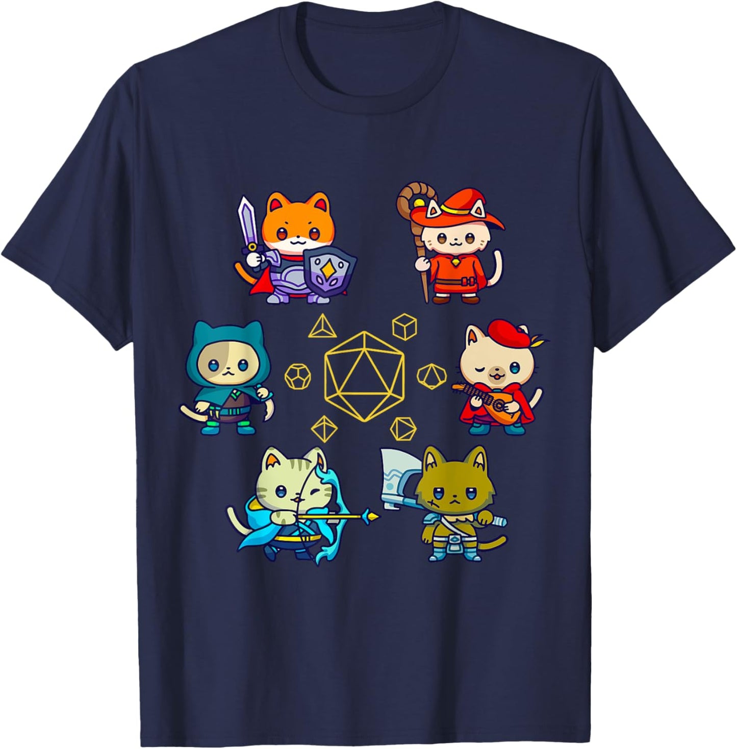 RPG Gamer Cats D20 Dice Nerdy Geek Cat Men Women Kids T-Shirt - T-Shirt | Navy