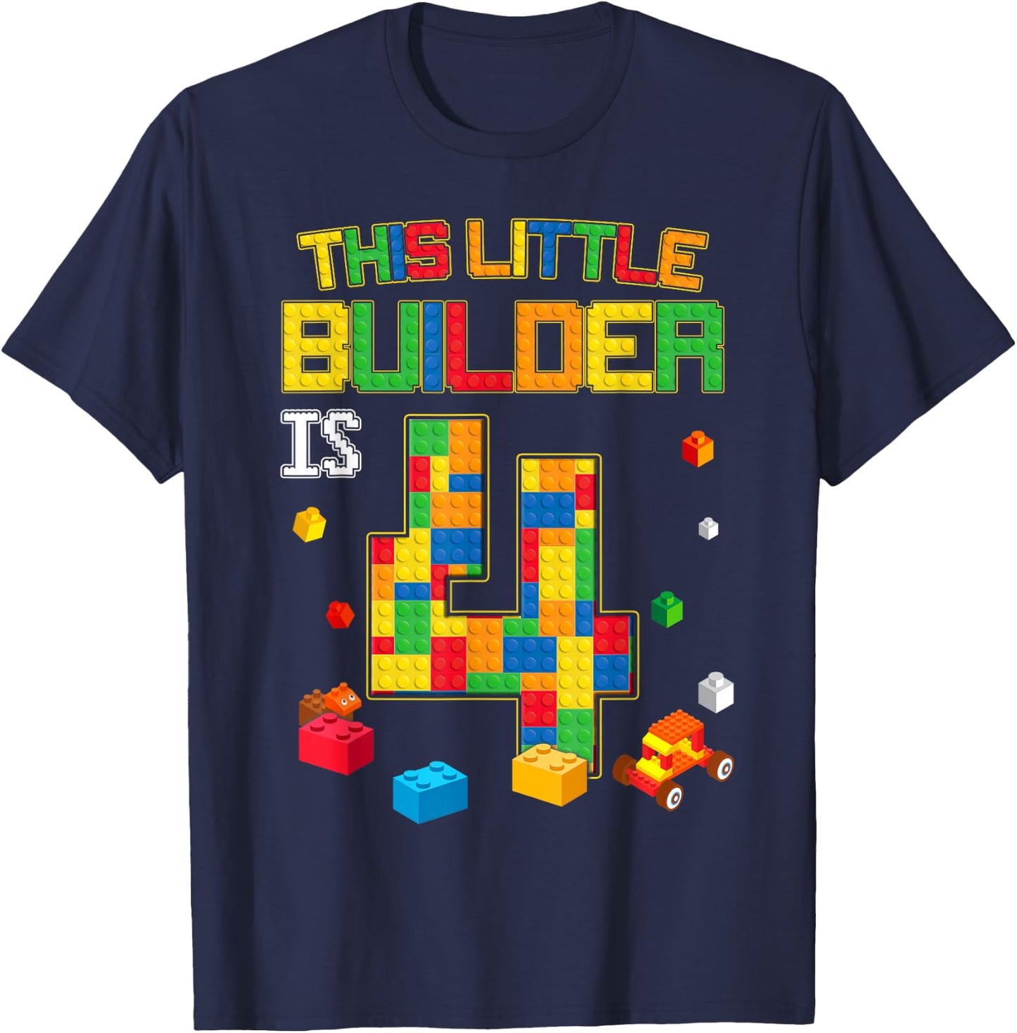 Building Blocks 4 Years Old Birthday Boy T-Shirt - T-Shirt | Navy