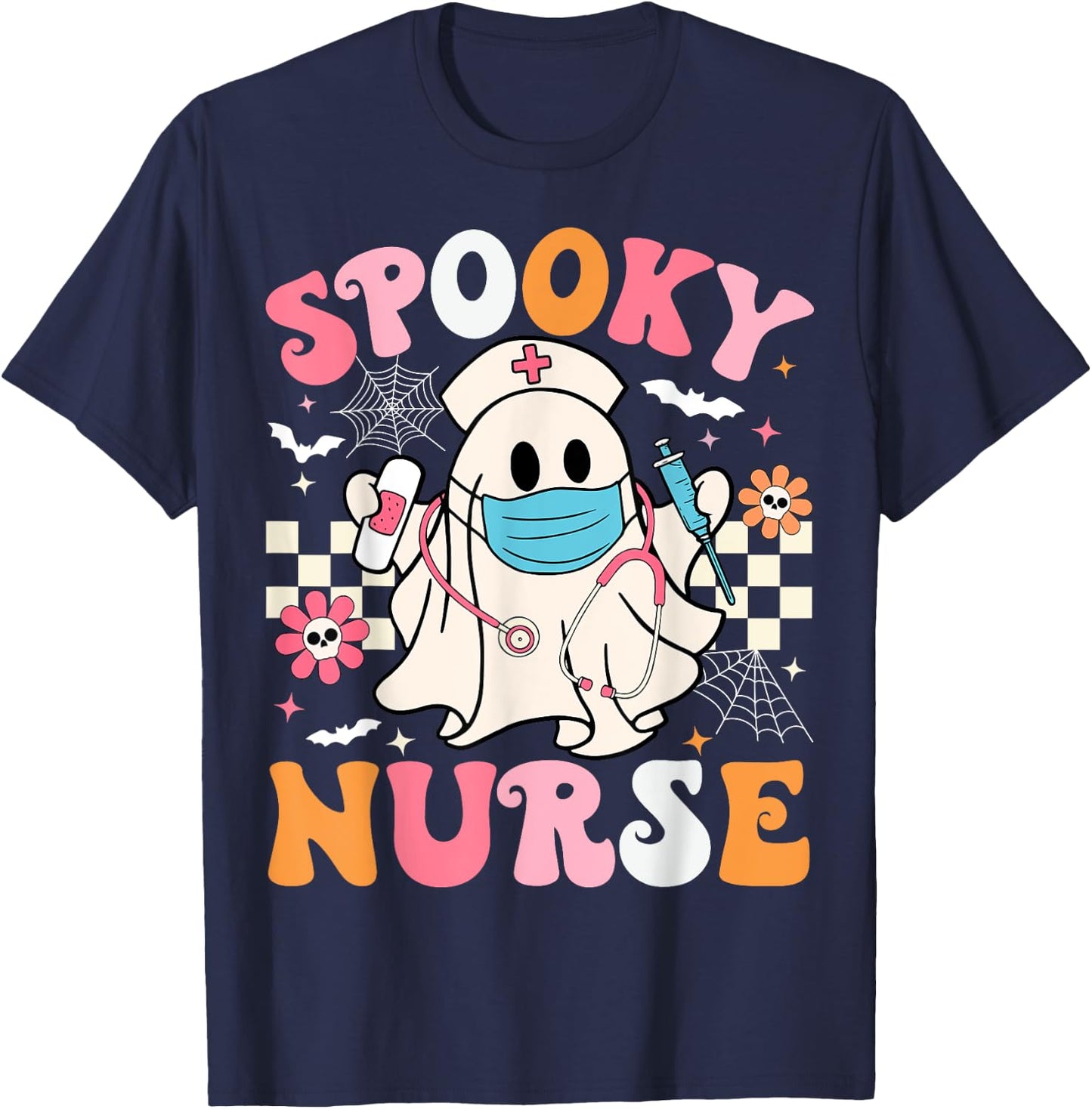 Spooky Nurse Ghost Halloween Cute Groovy Nursing Halloween T-Shirt - T-Shirt | Navy