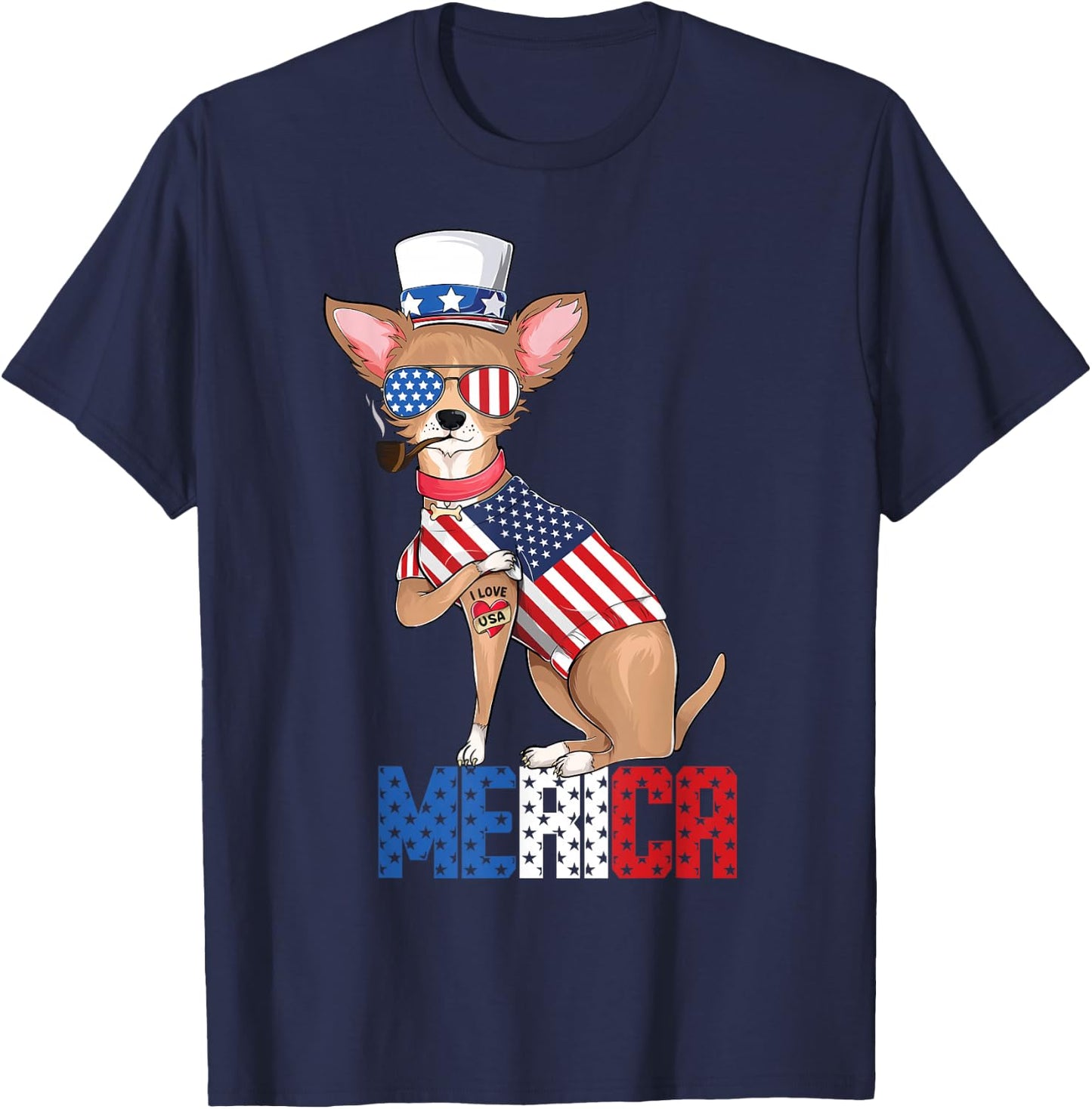Chihuahua dog Merica 4th of july usa american flag men women T-Shirt - T-Shirt | Navy