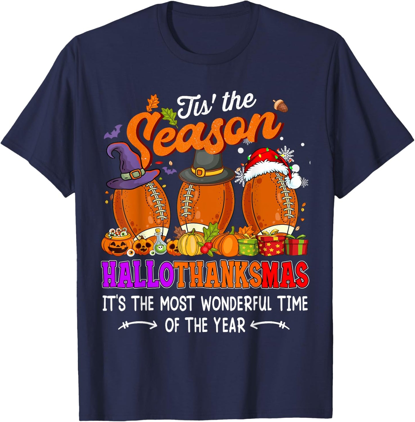 Happy HalloThanksMas Funny Halloween Thanksgiving Christmas T-Shirt - T-Shirt | Navy