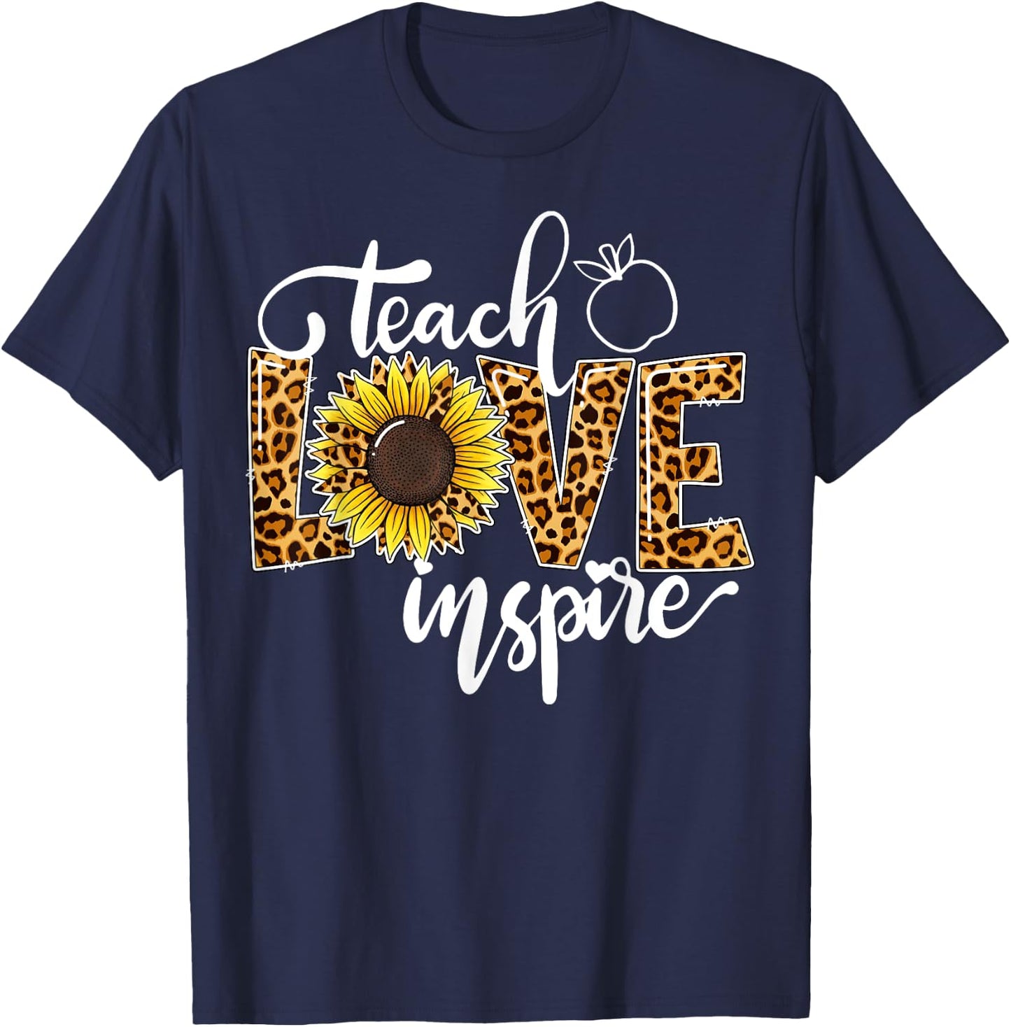 Teach Love Inspire Cute Sunflower Leopard Cheetah Print T-Shirt - T-Shirt | Navy