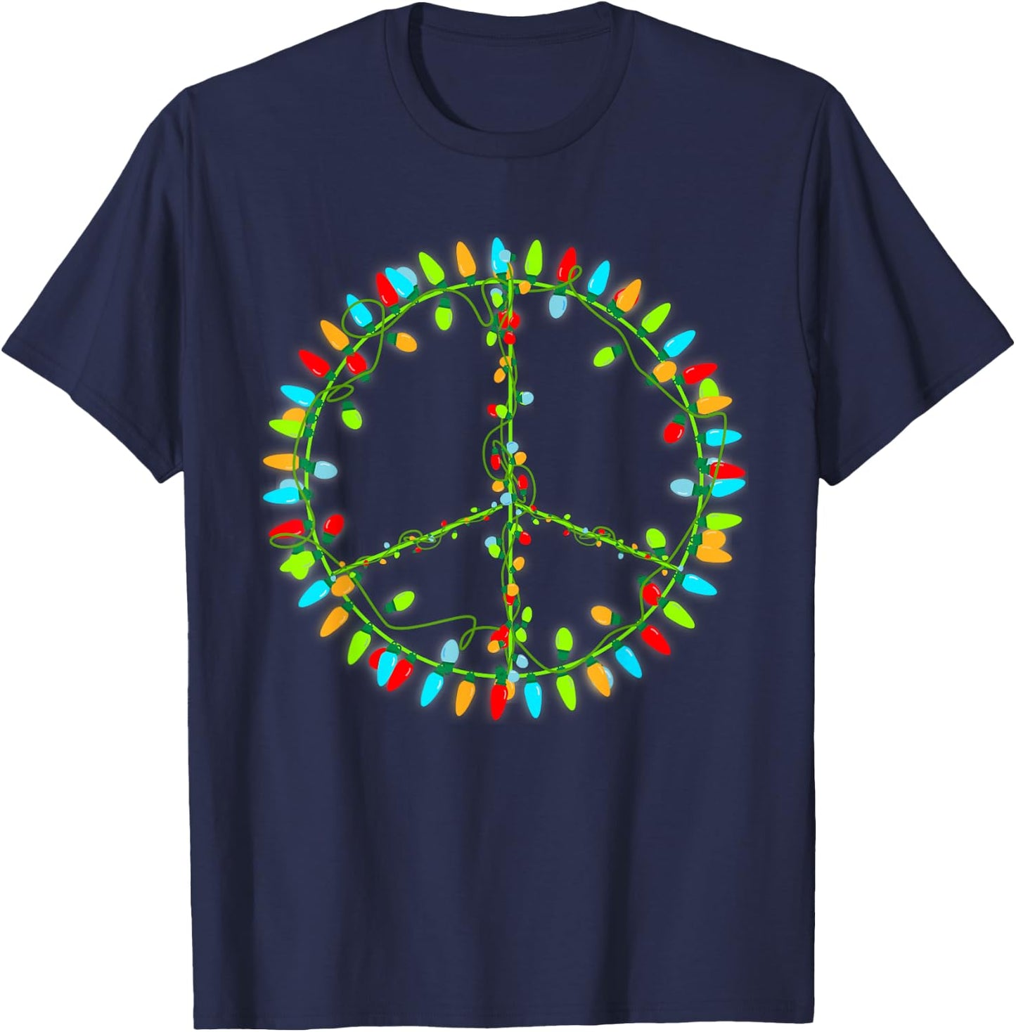 Christmas Lights Peace Sign Retro Hippie Happy Holidays T-Shirt - T-Shirt | Navy