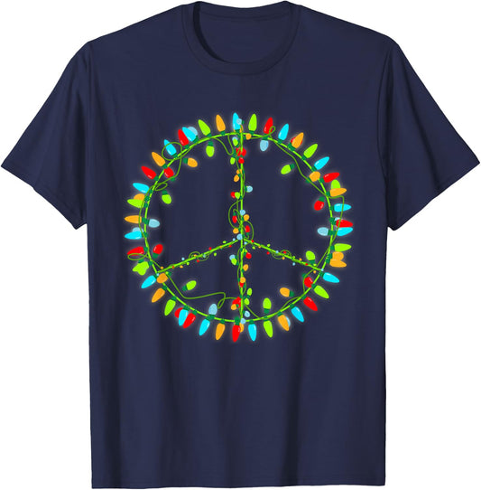 Christmas Lights Peace Sign Retro Hippie Happy Holidays T-Shirt - T-Shirt | Navy
