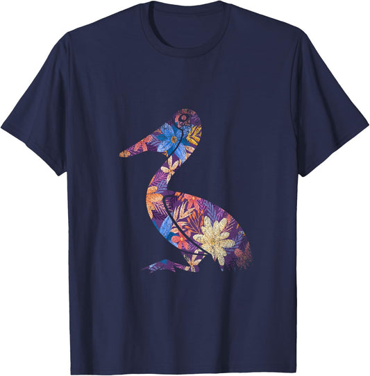 Water Bird Design Pelican Beak Floral Pelican - -Adults - Black - Small - Short Sleeve - Classic Fit - Cotton 65%, Polyester 35% T-Shirt - T-Shirt | Navy
