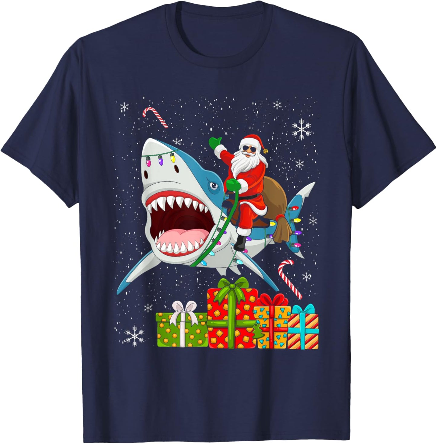 Santa Riding Shark Christmas Pajama Cute Ocean Animal X-Mas T-Shirt - T-Shirt | Navy