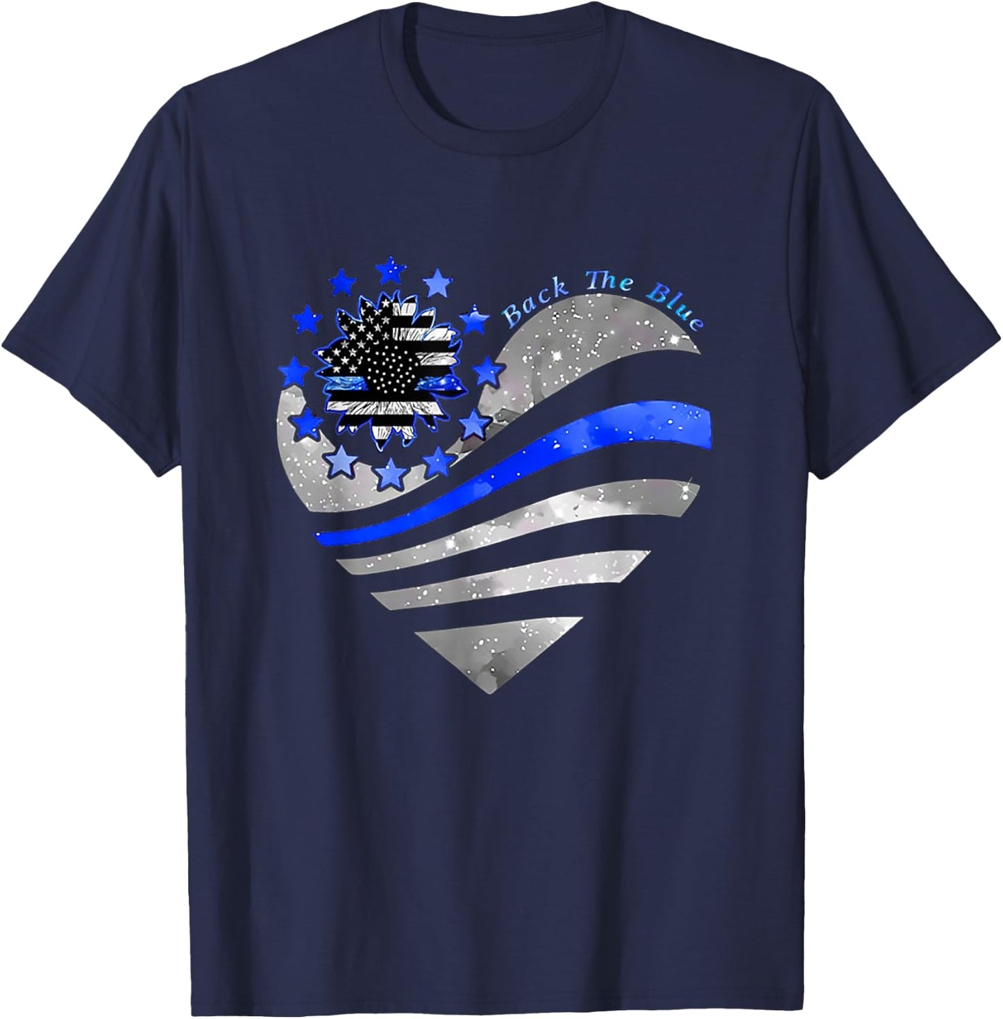 Sunflower Thin Blue Line Police Heart Back The Blue Law Enfo T-Shirt - T-Shirt | Navy