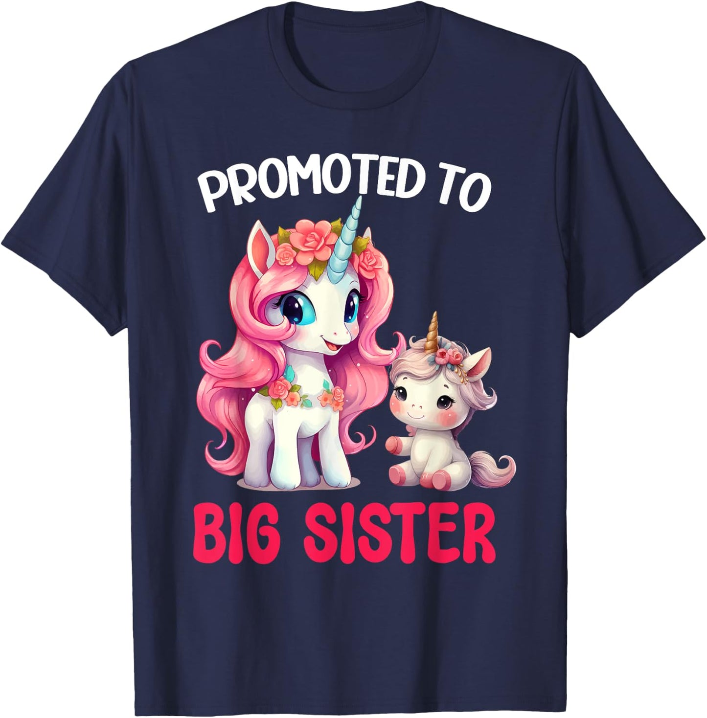 Promoted to Big Sister Girls Cute Unicorn Older Sister T-Shirt - T-Shirt | Navy