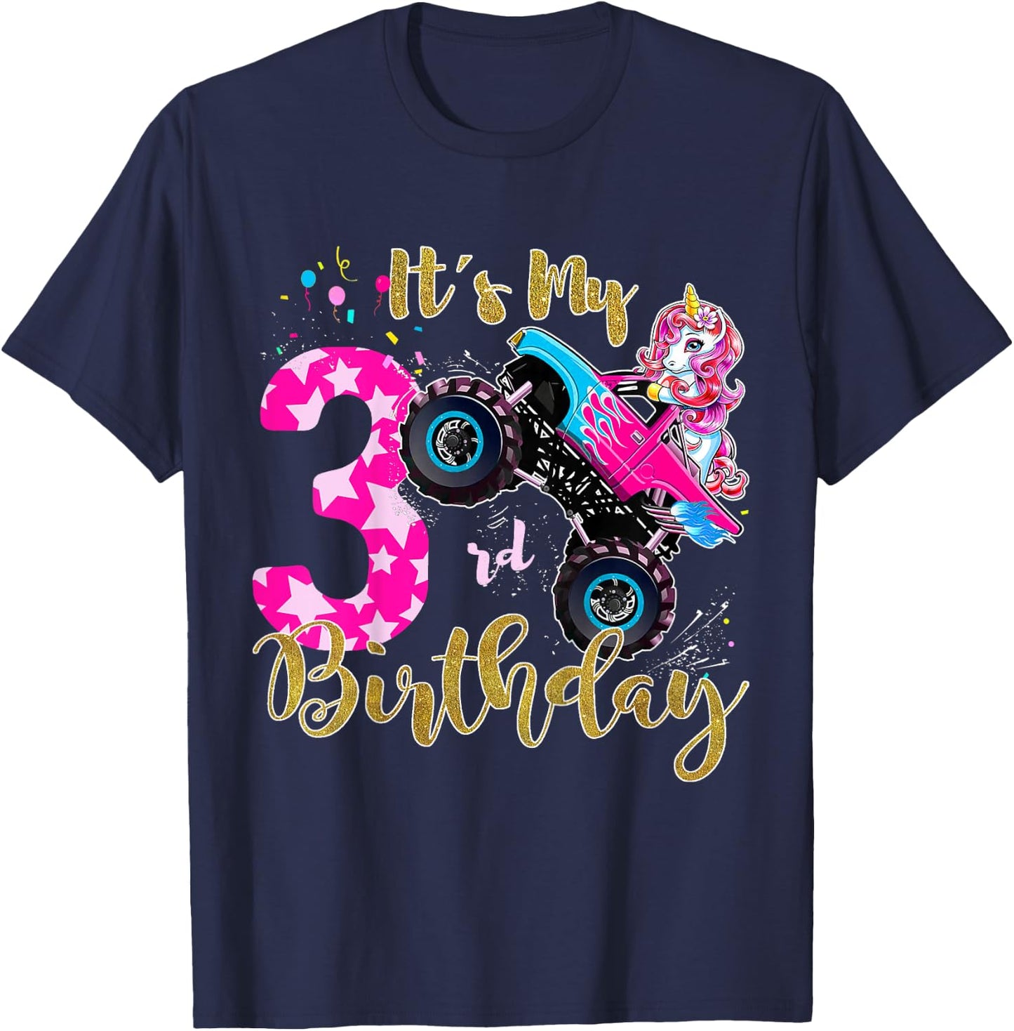 Kids Monster Truck Unicorn T Shirt Girls 3rd Birthday Daughter T-Shirt - T-Shirt | Navy