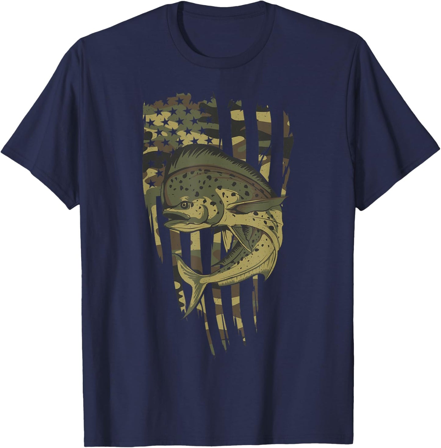 Vintage US Flag Camo Mahi Mahi Fishing T-Shirt - T-Shirt | Navy