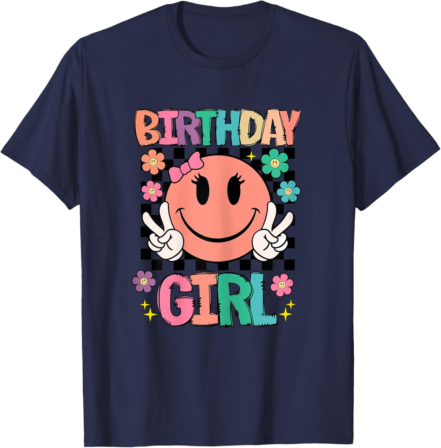 Birthday Girl Daisy Happy Face Checkered Pattern Smile Face T-Shirt - T-Shirt | Navy