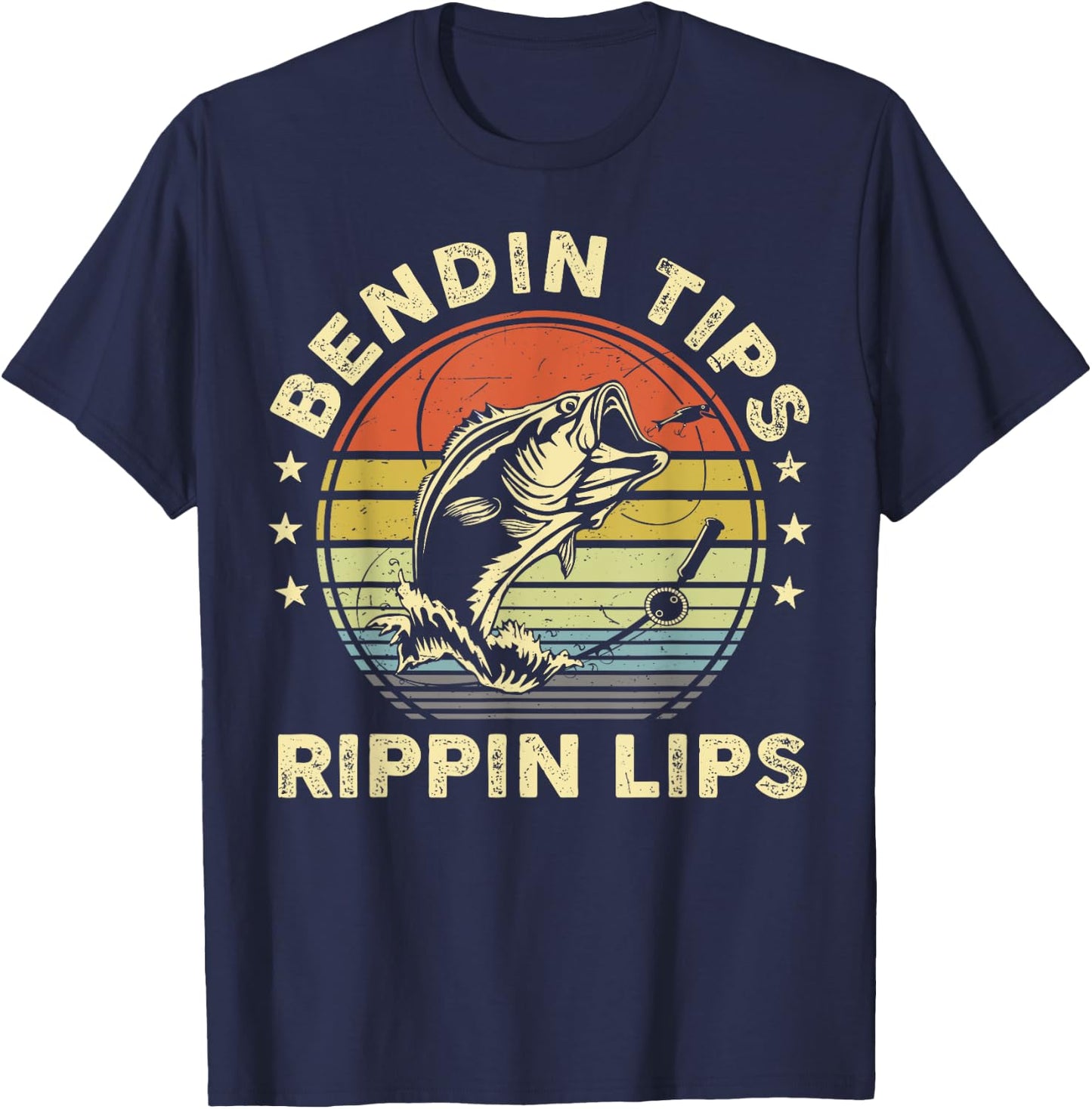 Funny Bass Fish Dad Bending Tips Rippin Lips Fishing Dad T-Shirt - T-Shirt | Navy
