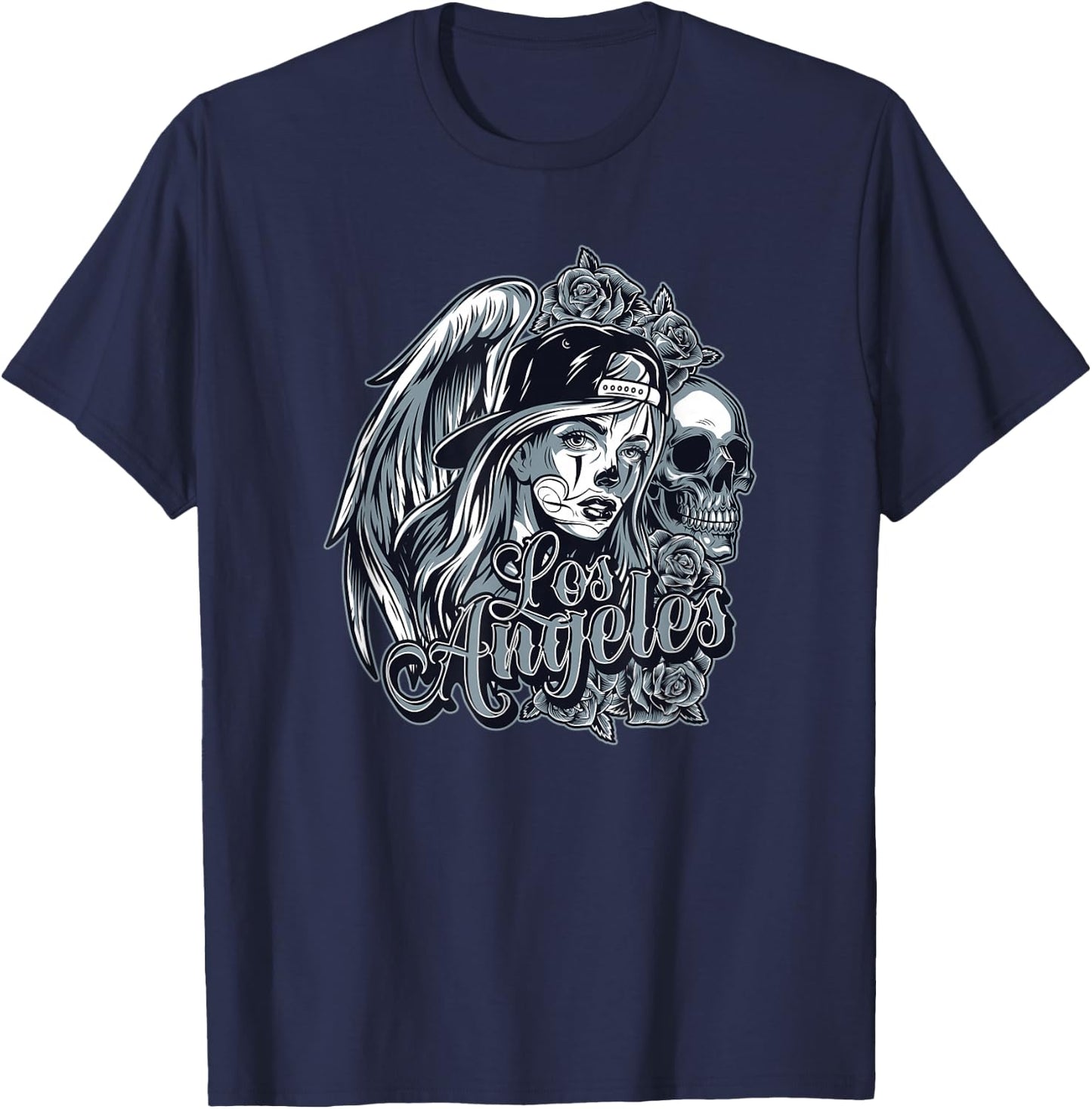 Los Angeles Chicana Design With Skulls Roses and Angel Wings T-Shirt - T-Shirt | Navy