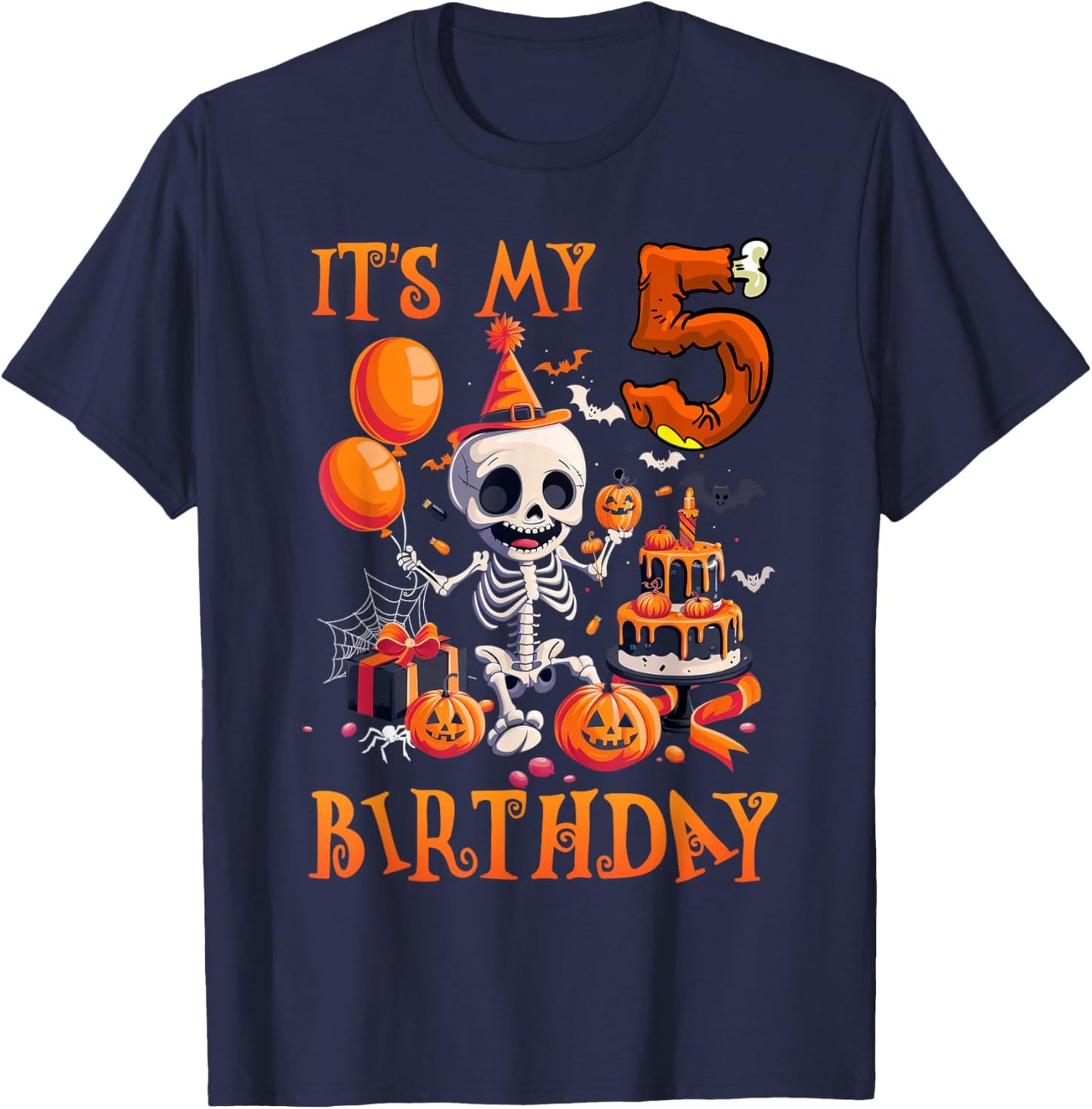 Kids Boo It's My 5th Birthday Halloween Skeleton 5 Years Old T-Shirt - T-Shirt | Navy