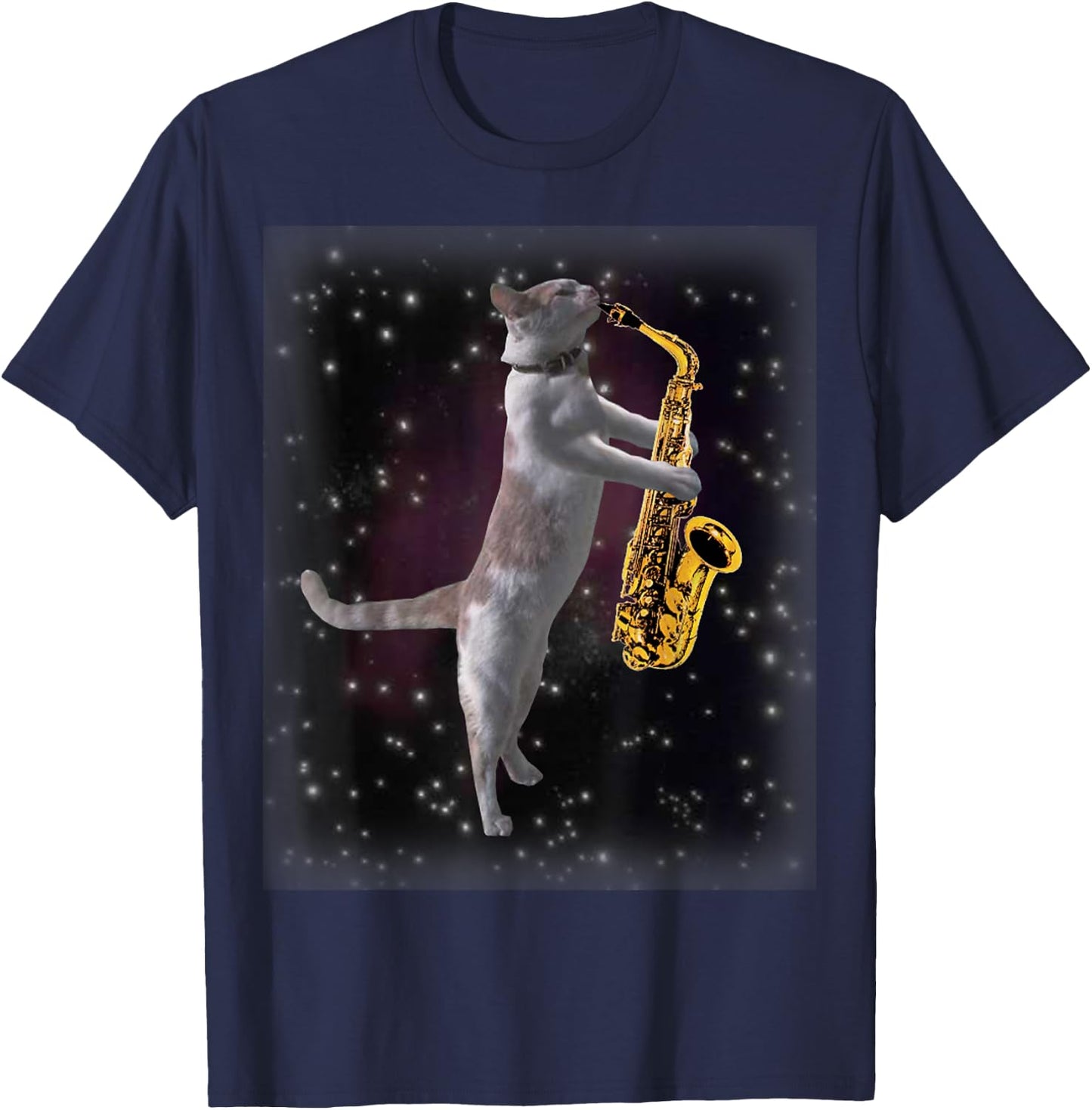 Cat Playing Saxophone | Cats In Space With Sax T-Shirt - T-Shirt | Navy
