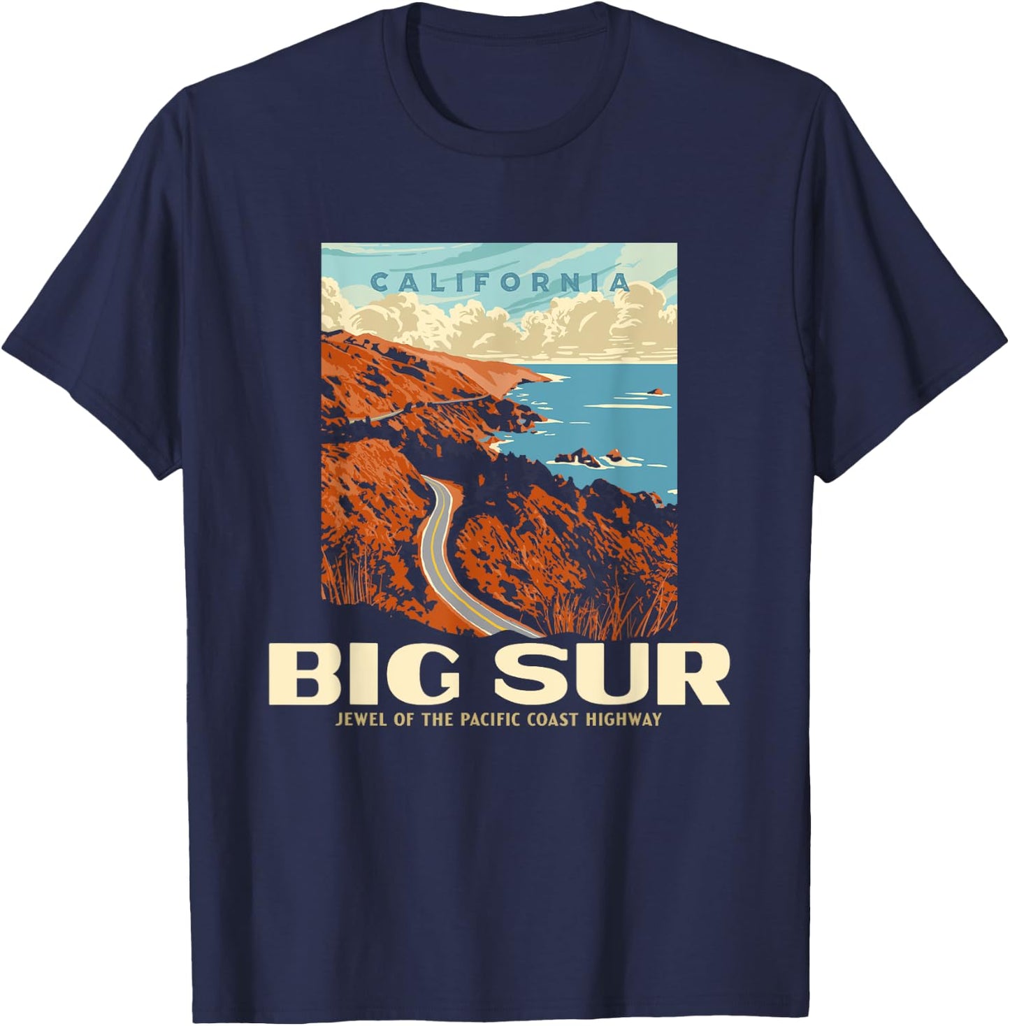 Retro Big Sur California Coast WPA Style Vintage Graphic T-Shirt - T-Shirt | Navy