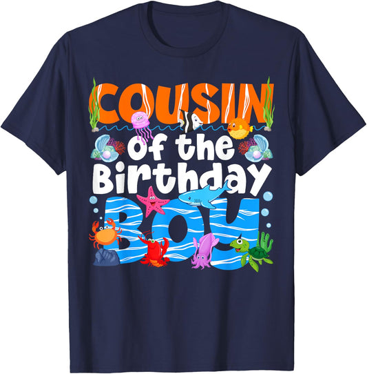 Cousin Under Sea Birthday Party Boy Ocean Sea Animals Themed T-Shirt - T-Shirt | Navy