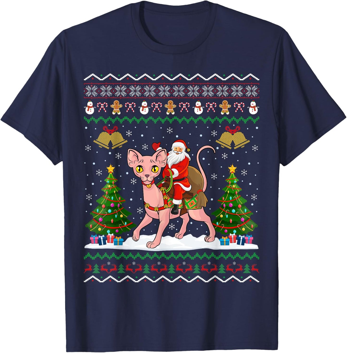Ugly Sphynx Cat Xmas Gift Santa Riding Sphynx Cat Christmas Women Kids T-Shirt - T-Shirt | Navy