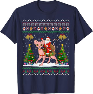 Ugly Sphynx Cat Xmas Gift Santa Riding Sphynx Cat Christmas Women Kids T-Shirt - T-Shirt | Navy