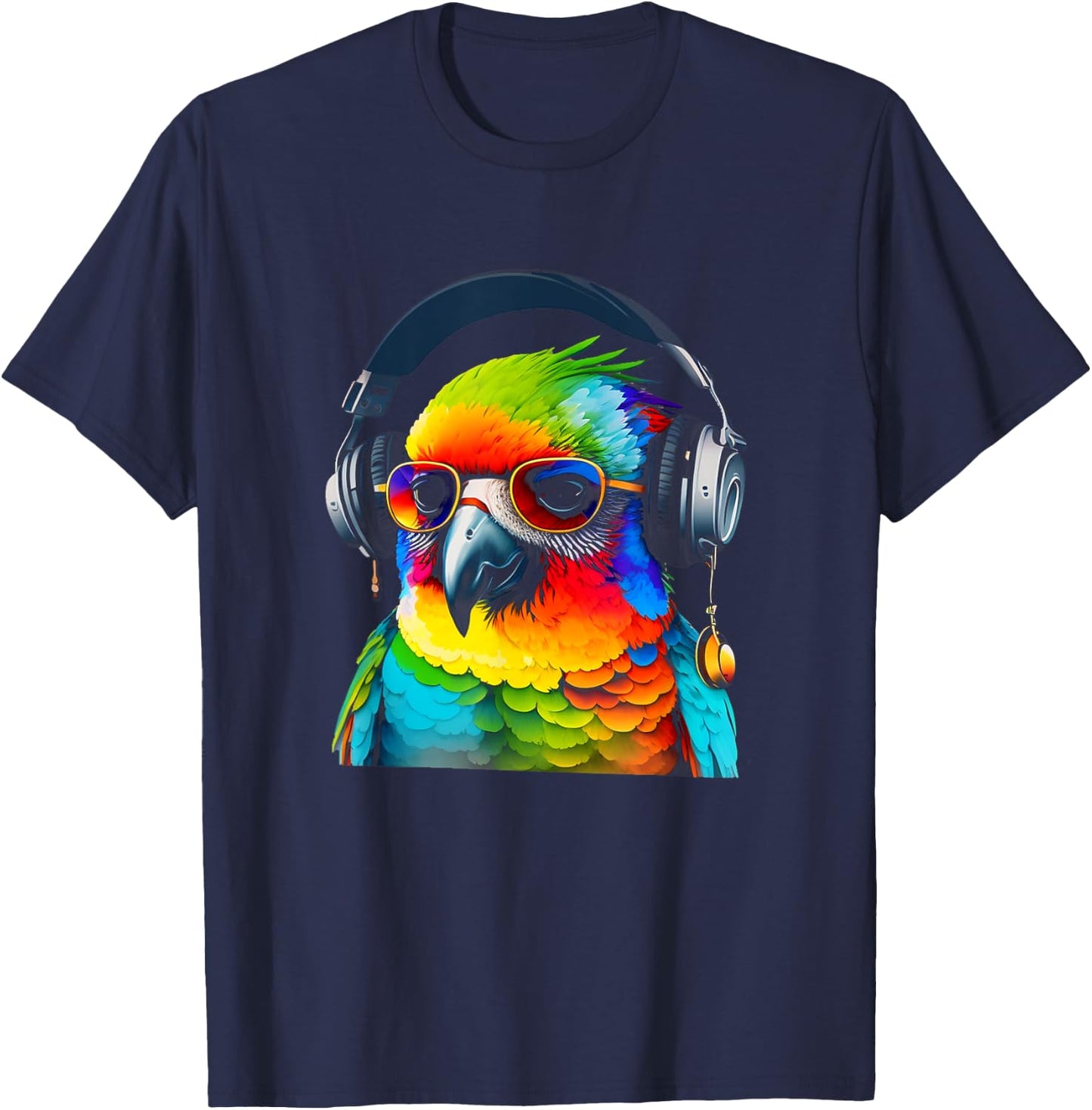 DJ Parrot with Sunglasses Headphones Music Funny Parrot T-Shirt - T-Shirt | Navy