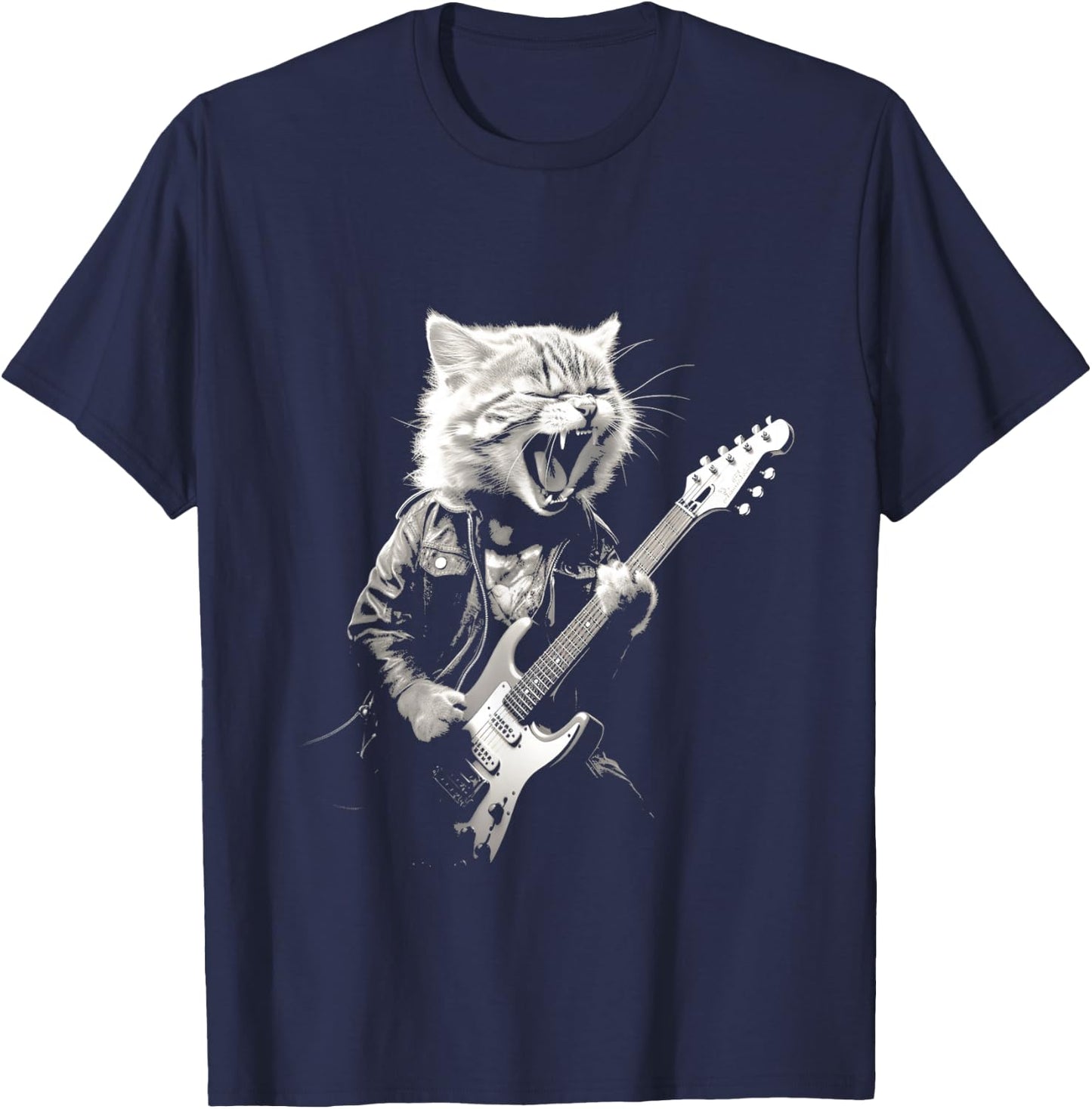Rock Cat Playing Guitar Funny Guitar Cat Design T-Shirt - T-Shirt | Navy