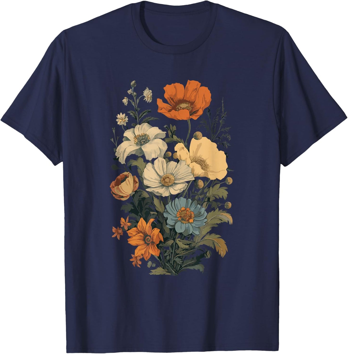 Vintage Flowers Floral Pressed Flower T-Shirt - T-Shirt | Navy