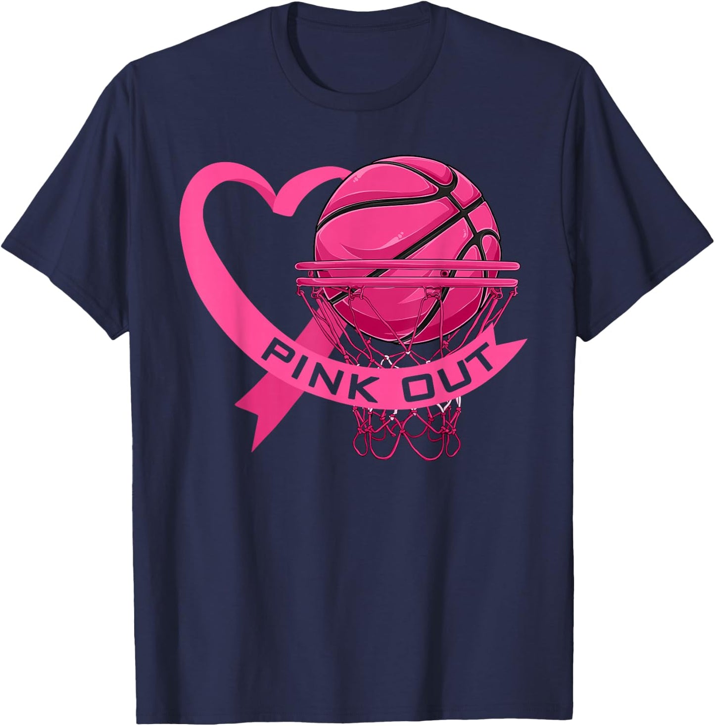 Pink Out Breast Cancer Pink Ribbon Heart & Basketball Ball T-Shirt - T-Shirt | Navy