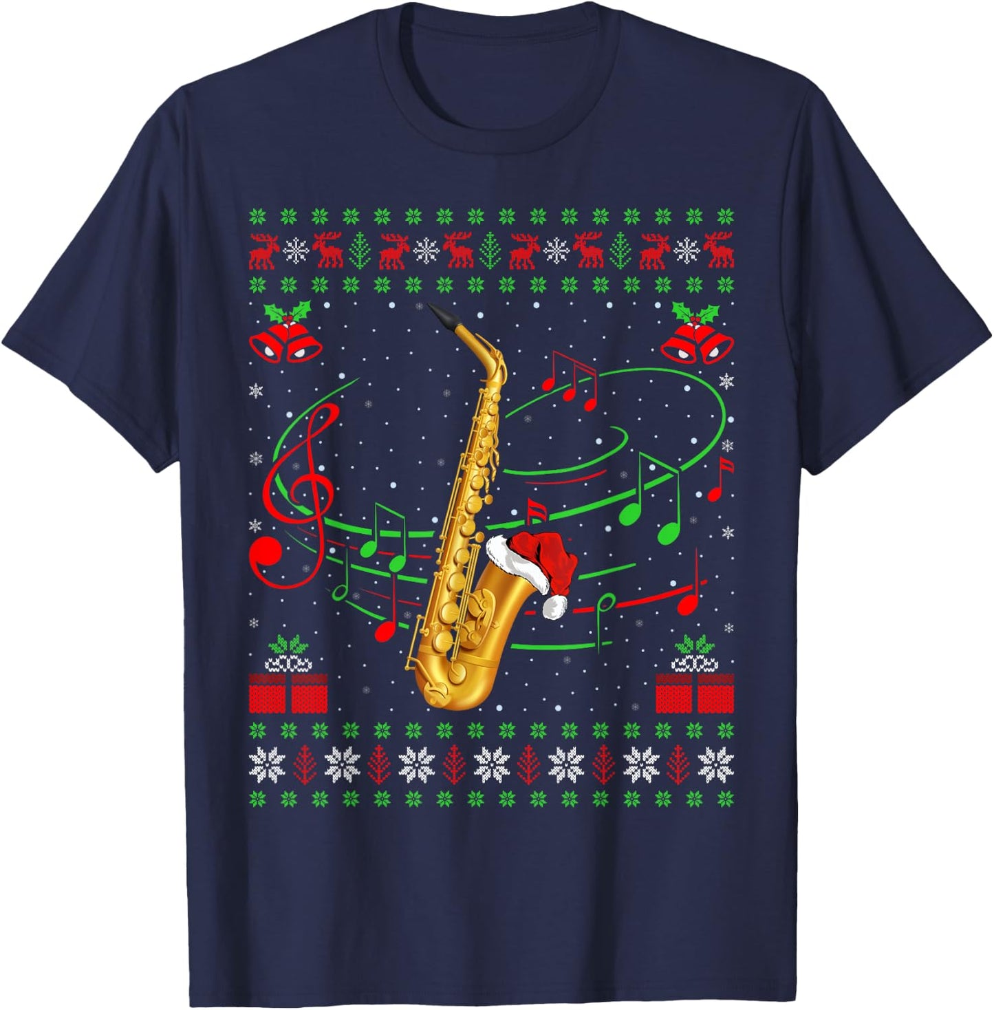 Saxophone Music Lover Xmas Gift Ugly Saxophone Christmas T-Shirt - T-Shirt | Navy