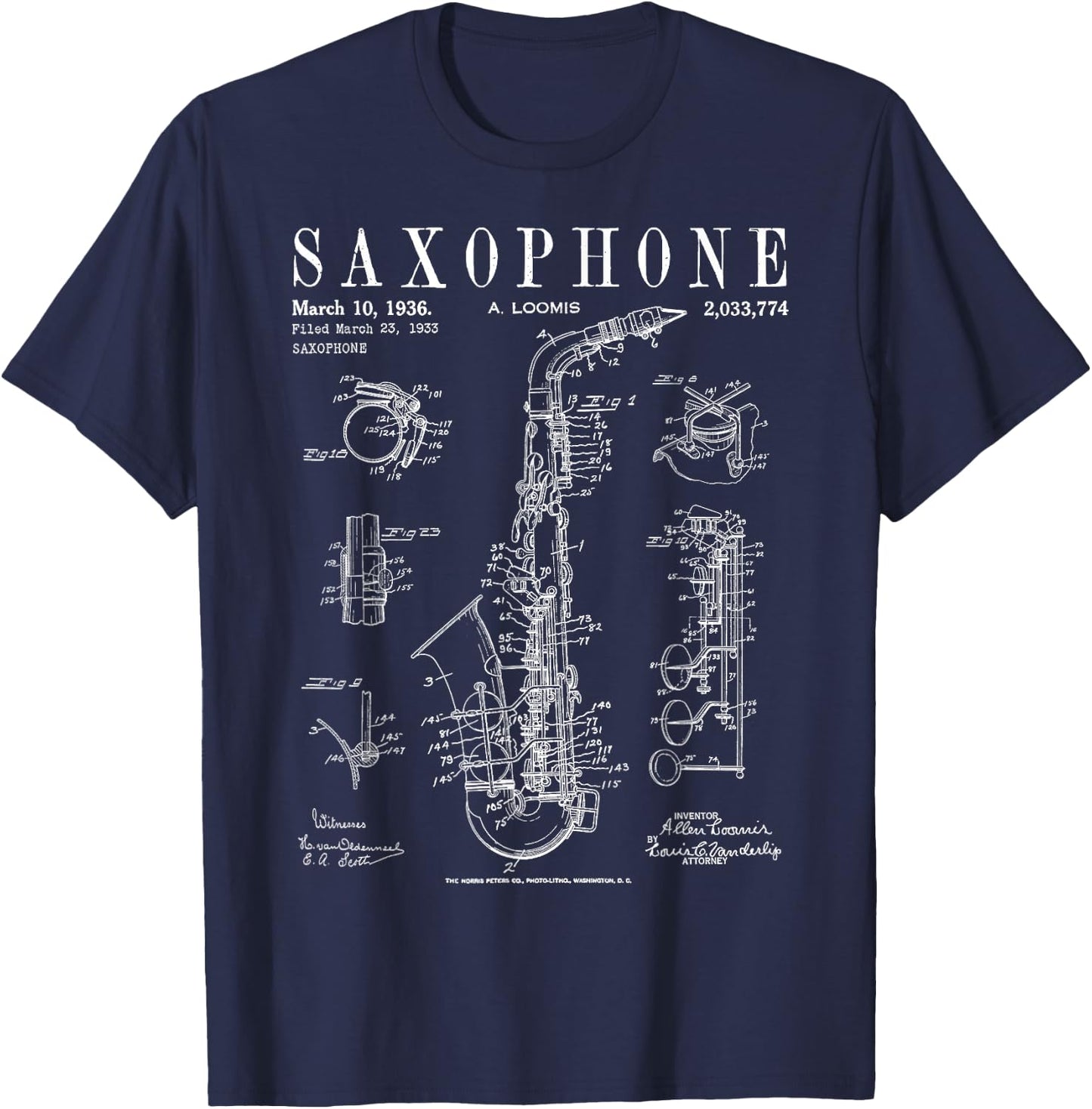 Saxophone Old Vintage Patent Drawing Print T-Shirt - T-Shirt | Navy