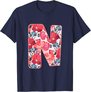 Letter N Sign Alphabet Last Name Consonants Flower Gift T-Shirt - T-Shirt | Navy