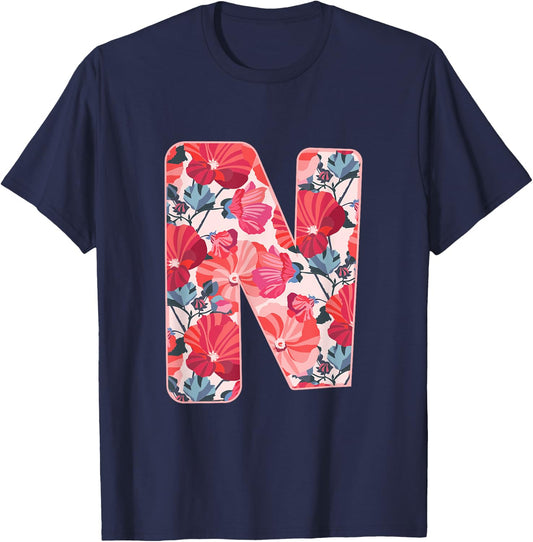 Letter N Sign Alphabet Last Name Consonants Flower Gift T-Shirt - T-Shirt | Navy