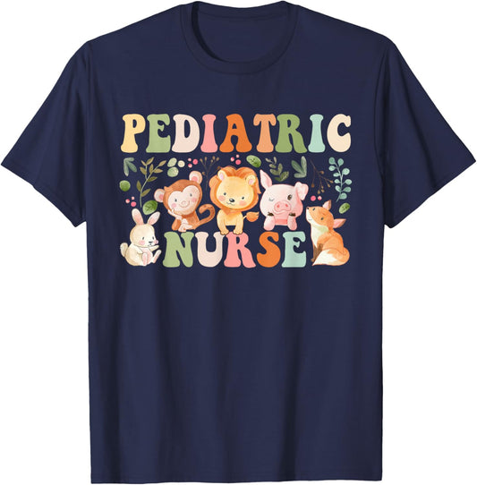 Pediatric Nurse Cute Zoo Animals PICU Registered Nurse T-Shirt - T-Shirt | Navy