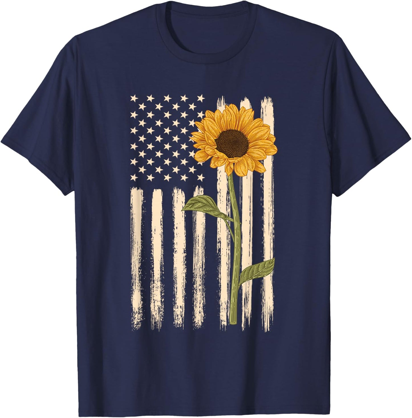 Patriotic American Flag Sunflower casual graphic T-Shirt - T-Shirt | Navy