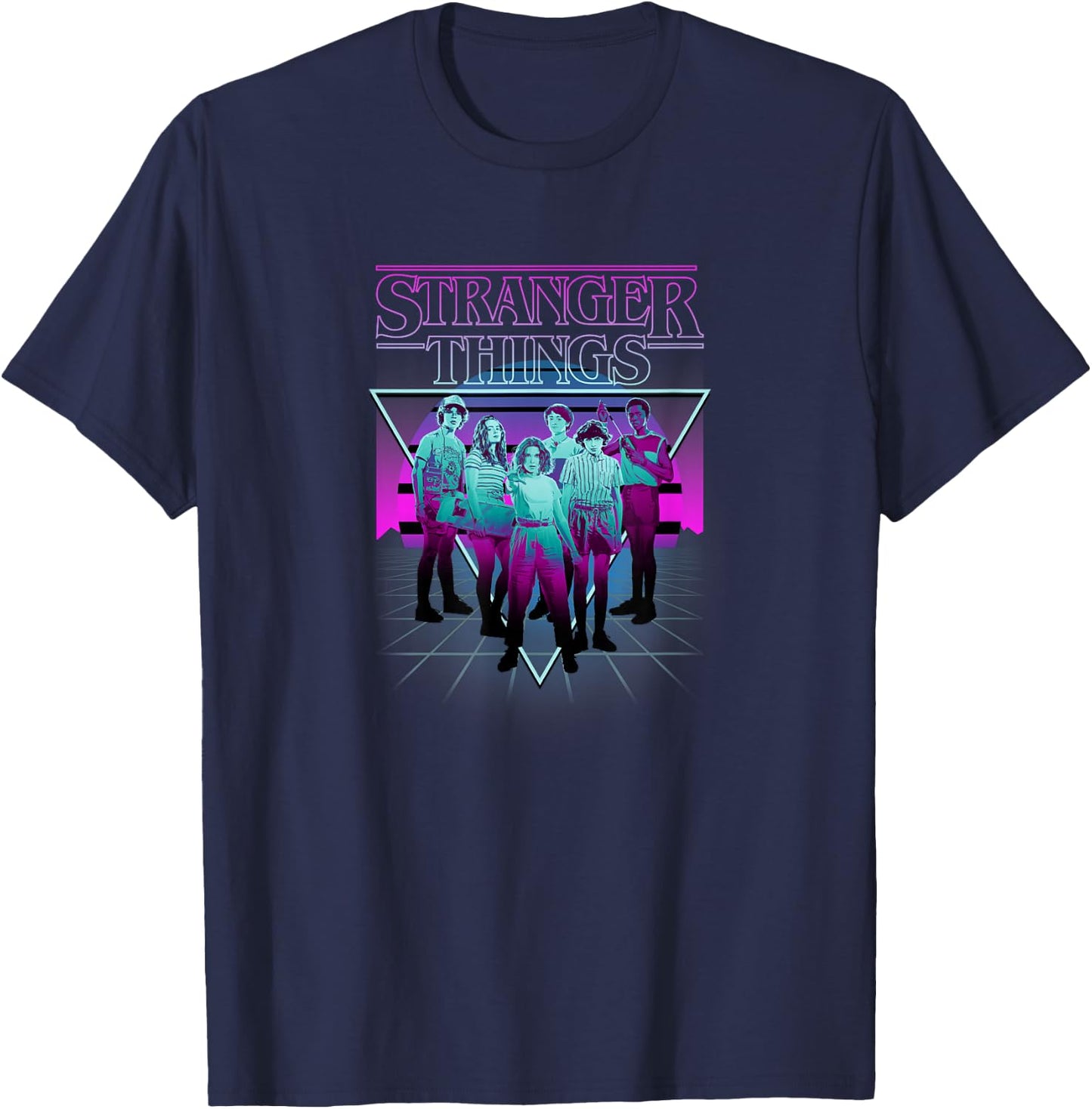 Stranger Things Group Shot Neon Triangle T-Shirt - T-Shirt | Navy