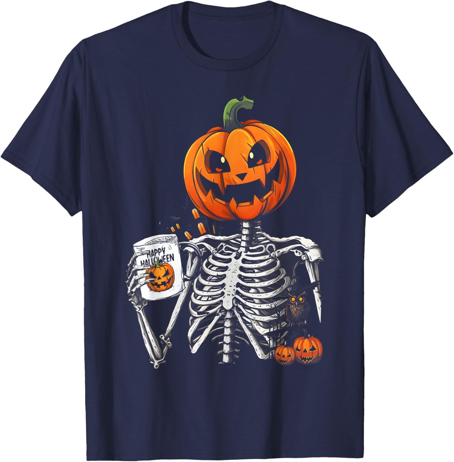Coffee Drinking Skeleton Pumpkin Halloween Costume Women Men T-Shirt - T-Shirt | Navy