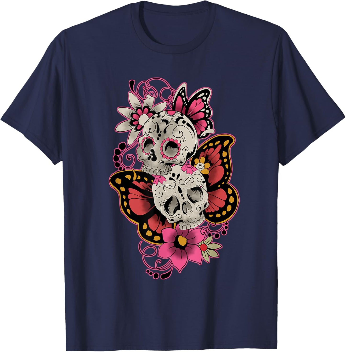 Sugar Skull Butterfly Flowers Day Of The Dead Men Women T-Shirt - T-Shirt | Navy