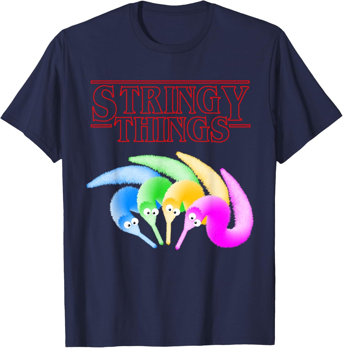 Stringy Things, Fuzzy Magic Worm on a String Meme T-Shirt - T-Shirt | Navy