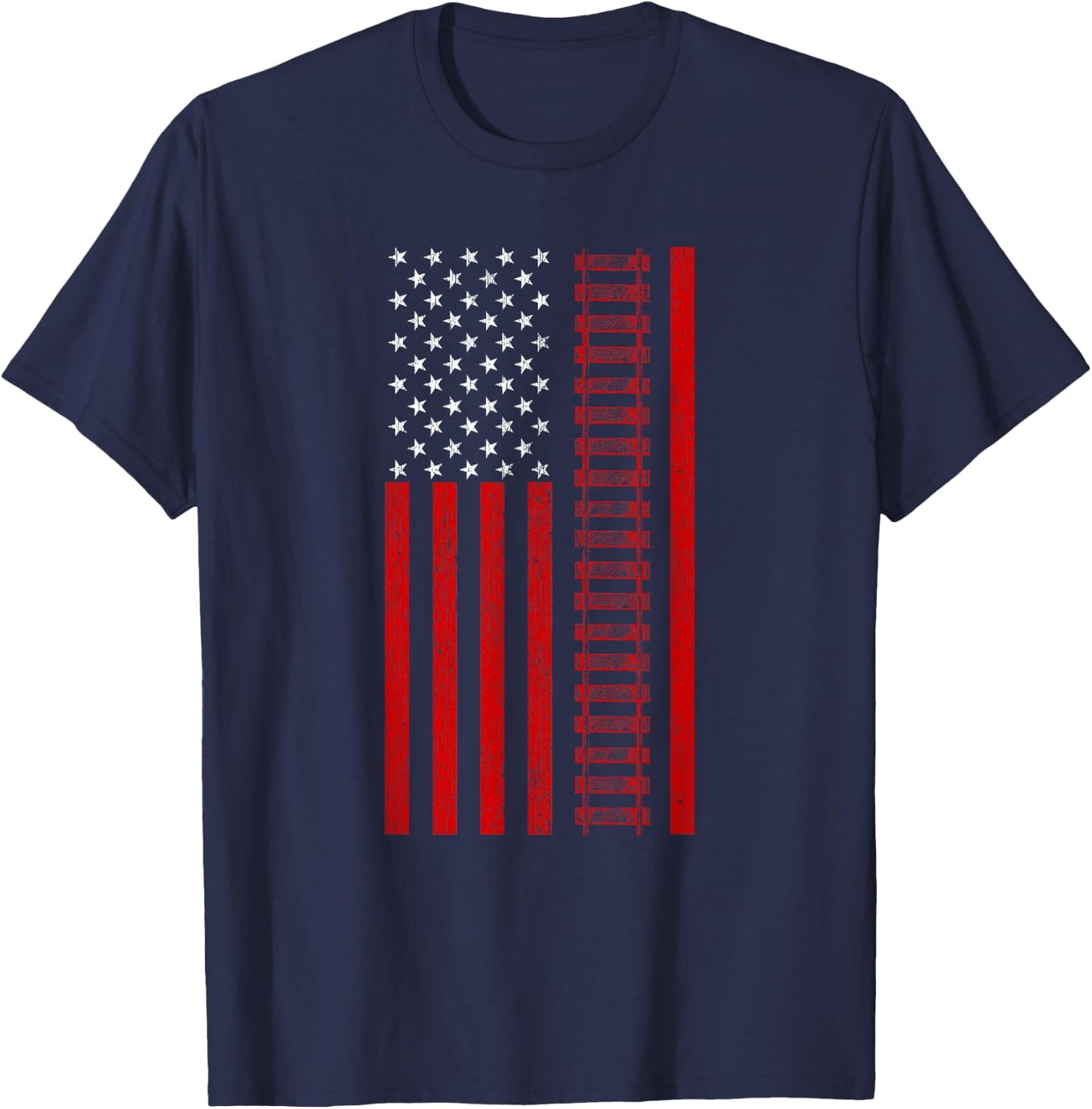 American Railroad Worker Flag With Train Tracks Distressed T-Shirt - T-Shirt | Navy