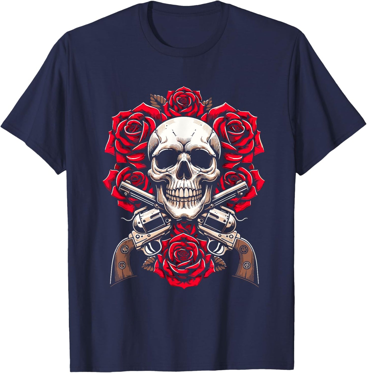 Guitar 80s Glam Rock - 1980s Skeleton Roses Skull Guns T-Shirt - T-Shirt | Navy
